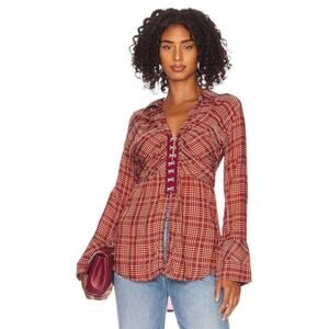 NWT Free People We The Free Red Combo Plaid Catalina Remade Shirt Combo Tunic S